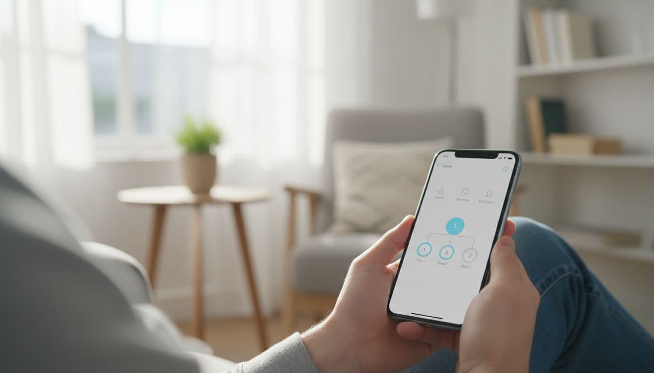 A single person sitting in a bright home room holds a smartphone displaying a simple ICP app interface for residence renewal, with focus on the phone, relaxed hand, soft natural lighting, and modern realistic photographic style.