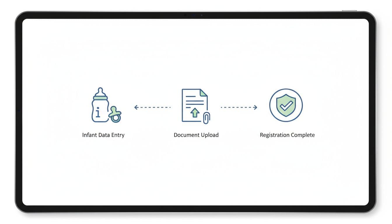 Simple linear illustration on a clean white background featuring icons for entering newborn data and uploading documents, representing three key registration steps in a minimal illustrative style with no text.