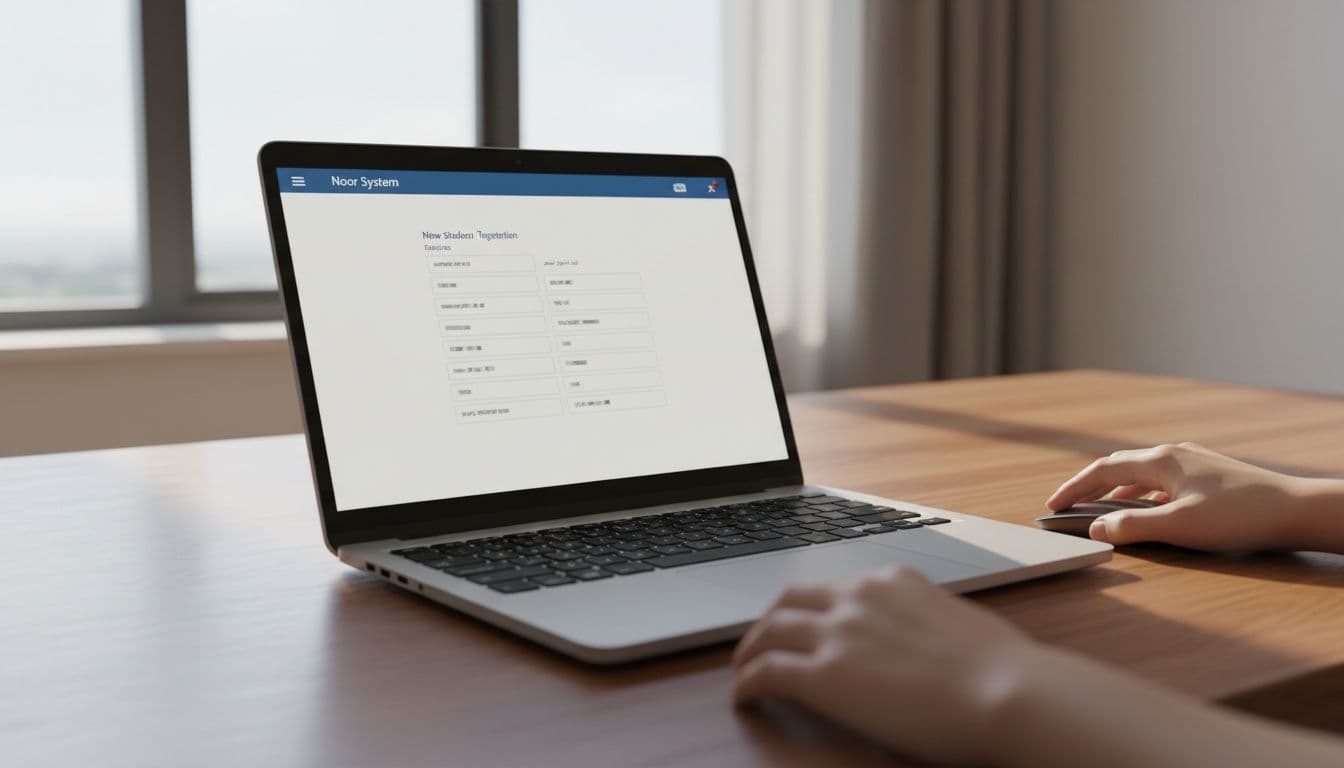 لابتوب مفتوح على مكتب خشبي في غرفة منزل سعودي هادئة يعرض واجهة نظام نور لتسجيل طالب جديد مع حقول بيانات فارغة غير قابلة للقراءة، مع إضاءة طبيعية وتركيز على الشاشة.