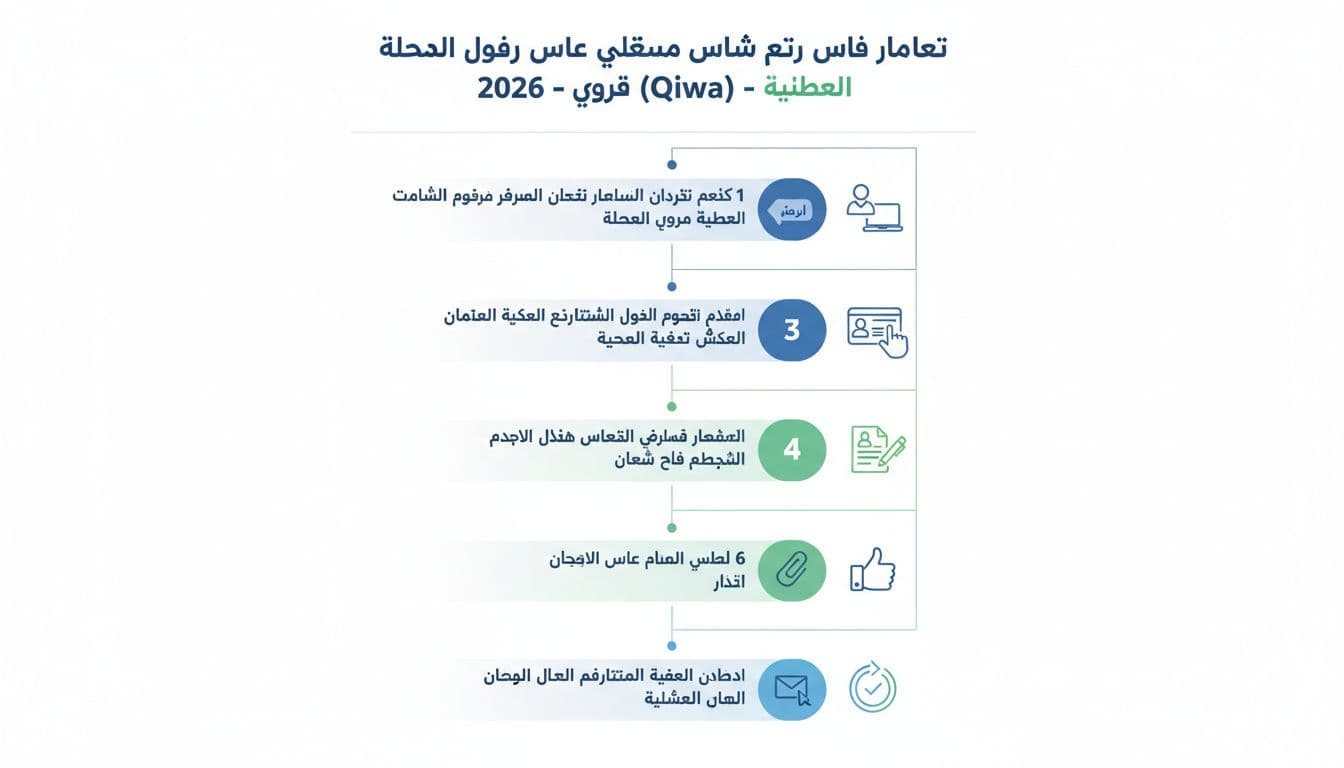 إنفوغرافيك عربي حديث يوضح الخطوات الثمانية لنقل خدمات عامل وافد عبر منصة قوى بتصميم landscape نظيف بخلفية بيضاء وألوان أزرق وأخضر.