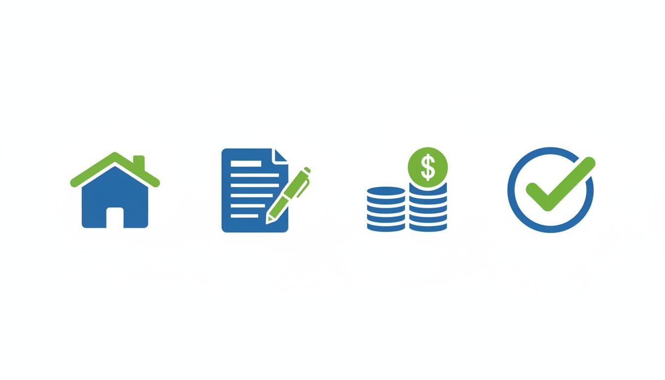 Simple horizontal sequence of illustrative icons for real estate evacuation steps: house, document with pen, coin stack for payment, green checkmark for approval. Flat vector design in blue and green tones on white background, clean modern style, no text, no people, no backgrounds.
