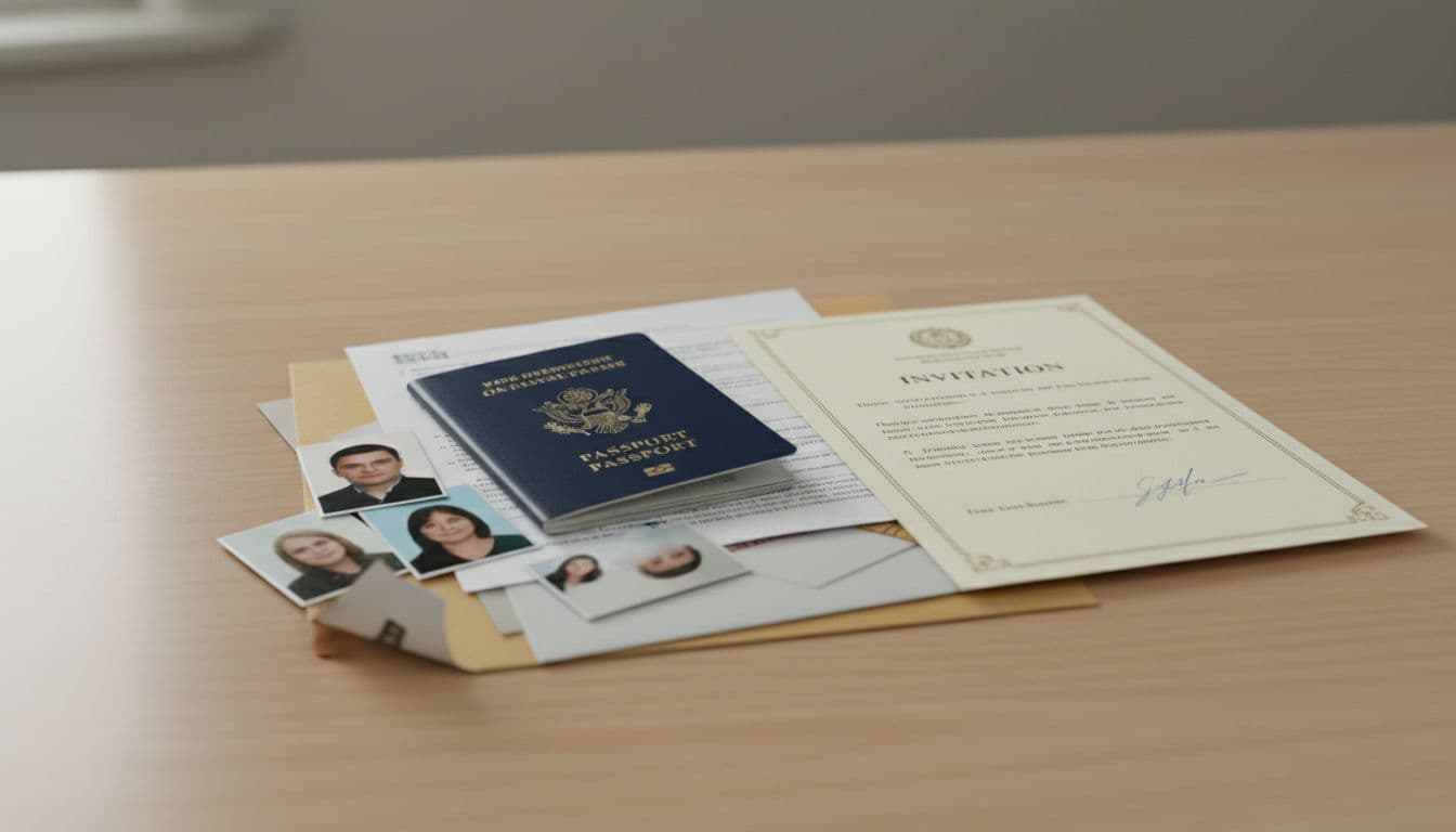 A stack of official documents including passport, personal photos, and invitation letter neatly arranged on a wooden desk with bright lighting and sharp focus in a realistic photographic style.
