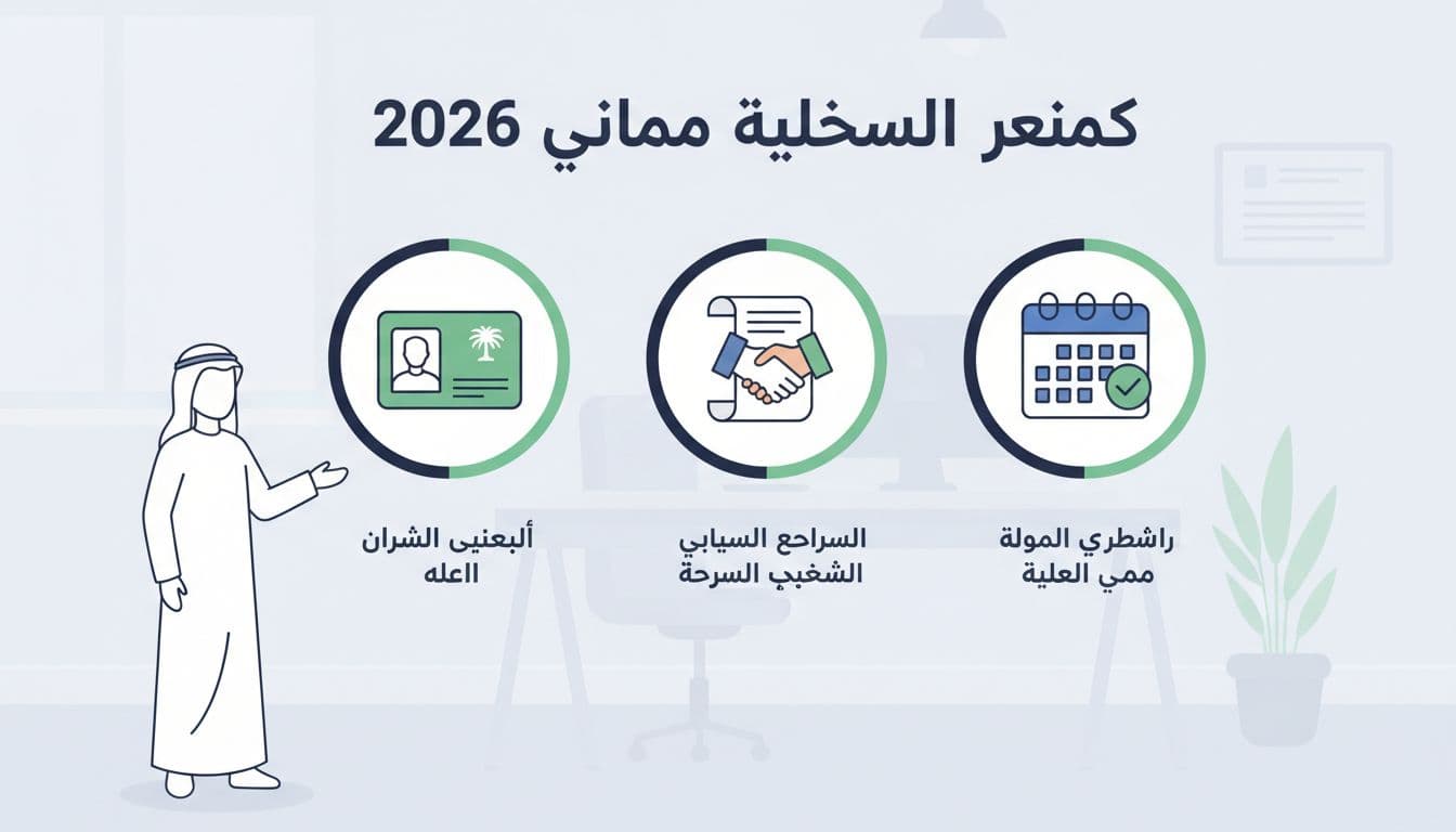 Flat illustrative chart displaying key Saudi Sando program registration conditions using simple icons for ID card, employment contract, and calendar on a clean office background with bright lighting.