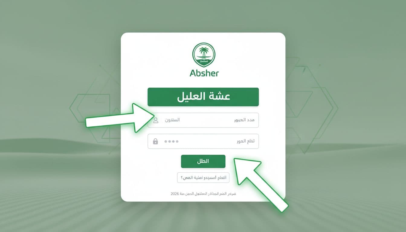 Illustrative UI-style mockup of the Saudi Absher platform login screen in 2026, featuring clean modern Arabic interface with username and password fields in Saudi green and white colors.