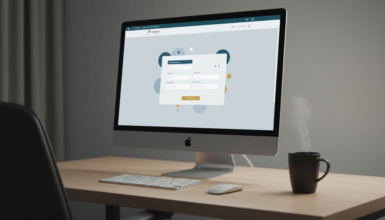 A realistic depiction of a clean home office with a slightly tilted desktop computer screen displaying the Saudi Absher website's newborn registration page, featuring a coffee cup beside the keyboard under soft lighting, no people, logos, or clear text.