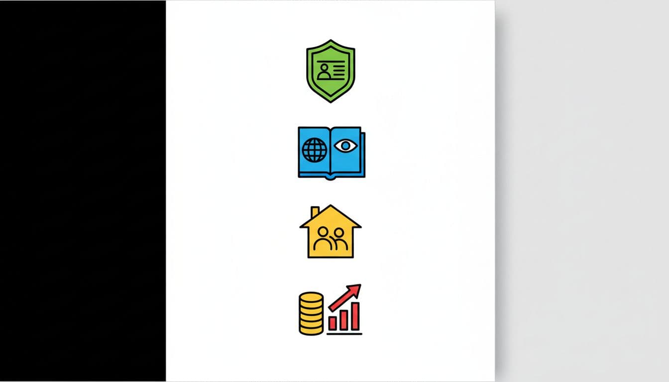 Infographic-style vector illustration of icons representing required documents for social security registration in Saudi Arabia, including ID card, passport, family book, and income proof, in a clean design with bright colors on white background, no text or people.
