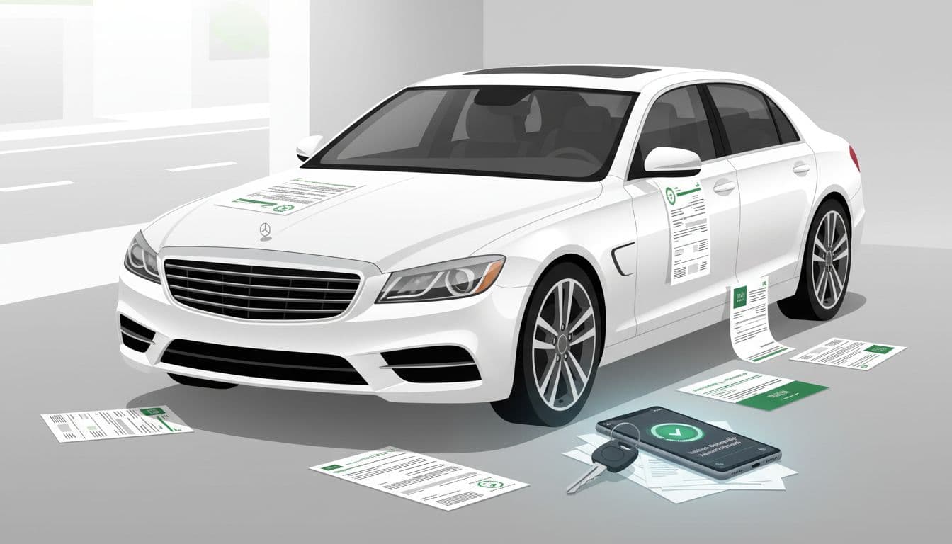 رسم توضيحي لسيارة متوقفة وبجوارها أوراق ووثائق وجوال يظهر تأكيد نقل الملكية