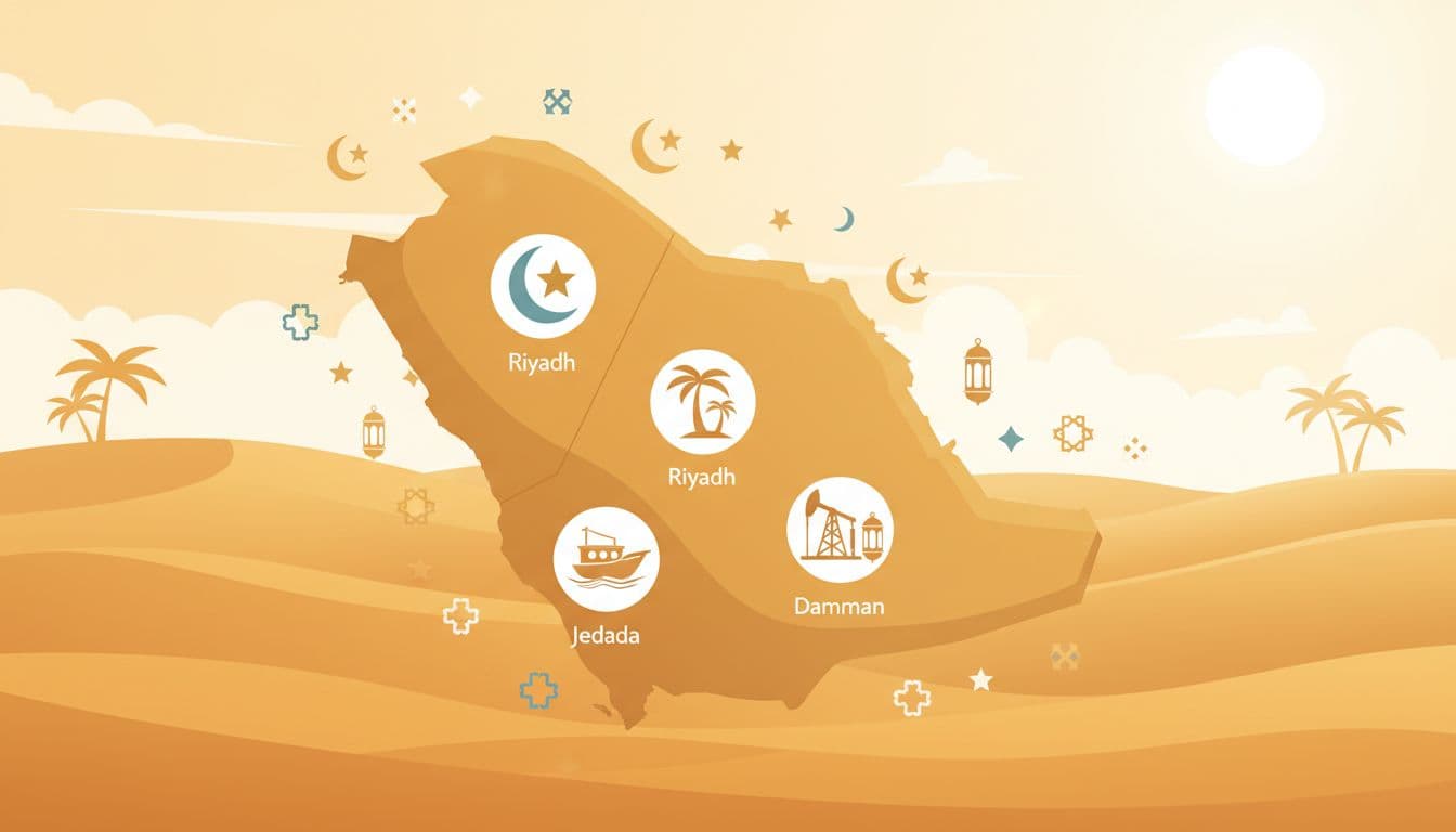 خريطة سعودية بسيطة تظهر المدن الرئيسية مثل الرياض وجدة والدمام مع رموز رمضانية صغيرة، خلفية صحراوية، إضاءة نهارية، أسلوب رسوم توضيحية، لا نصوص، لا أشخاص، landscape.