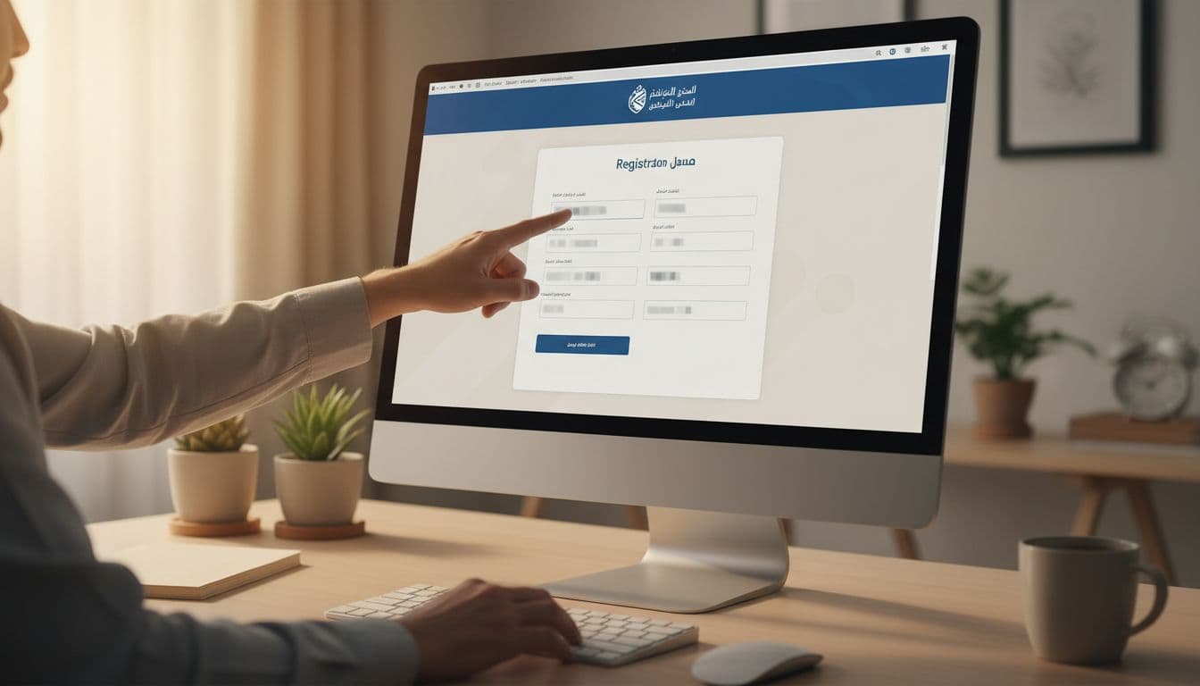 Computer screen in a clean home office showing the Saudi Citizen Account website registration page, with one hand pointing to fields, warm lighting, tilted screen, realistic style without detailed texts or logos.