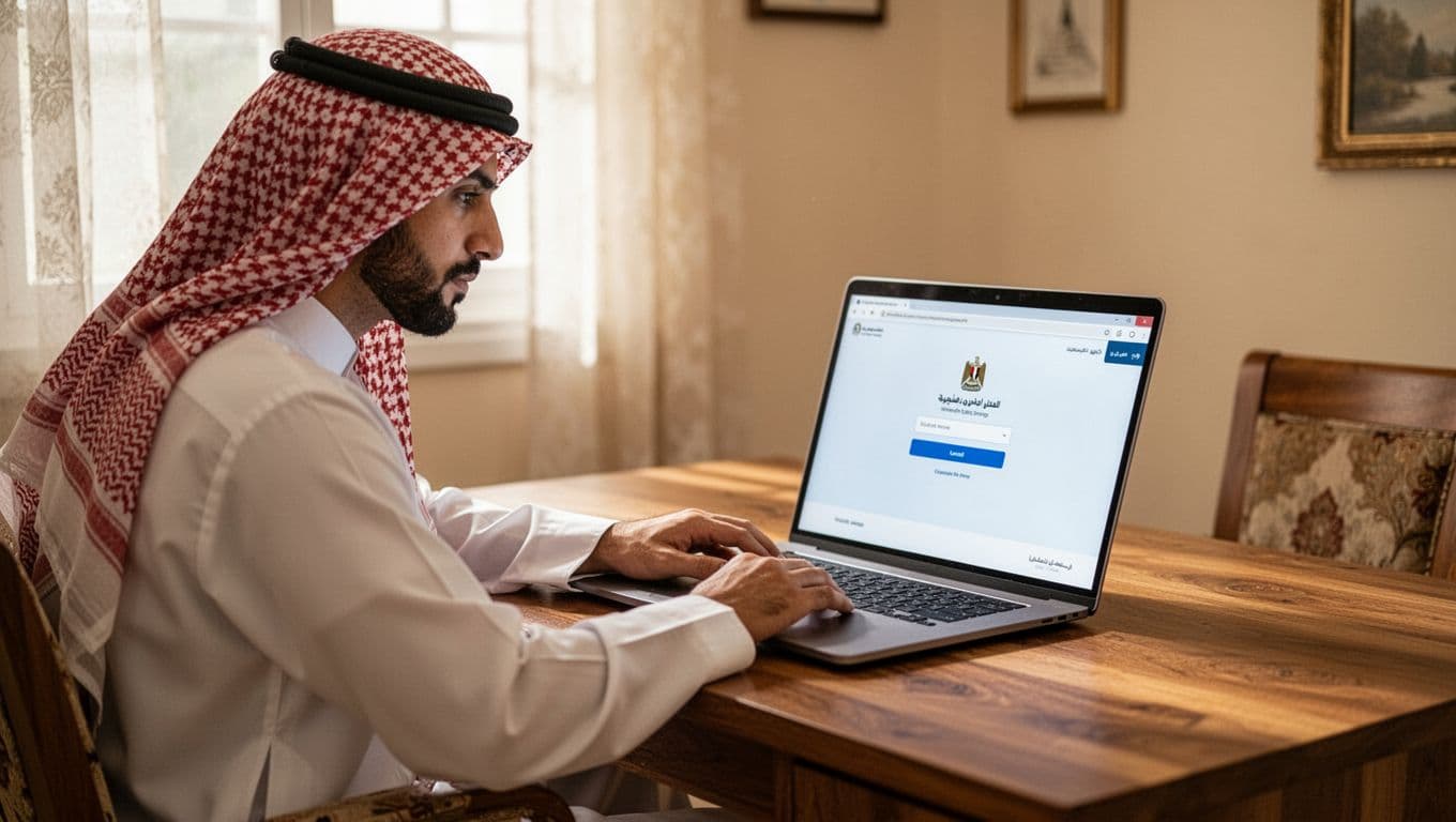 A Saudi Arabian citizen sits relaxed at a wooden desk in a modest home, laptop open to a government portal login page, hands on keyboard, soft daylight from window, realistic photo.