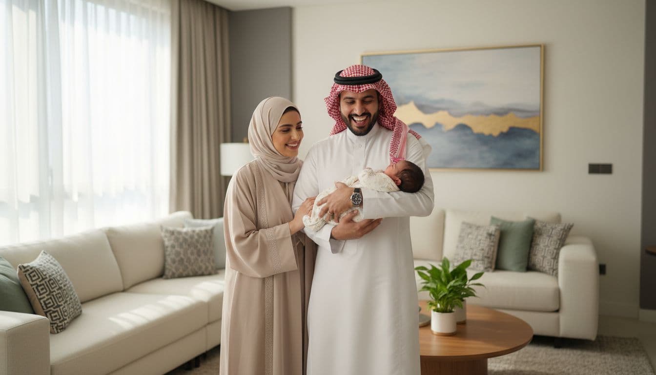 In a modern Saudi home, a happy father holds his newborn baby in his arms while the smiling mother stands beside them, illuminated by warm natural light from the window, capturing an intimate family moment.