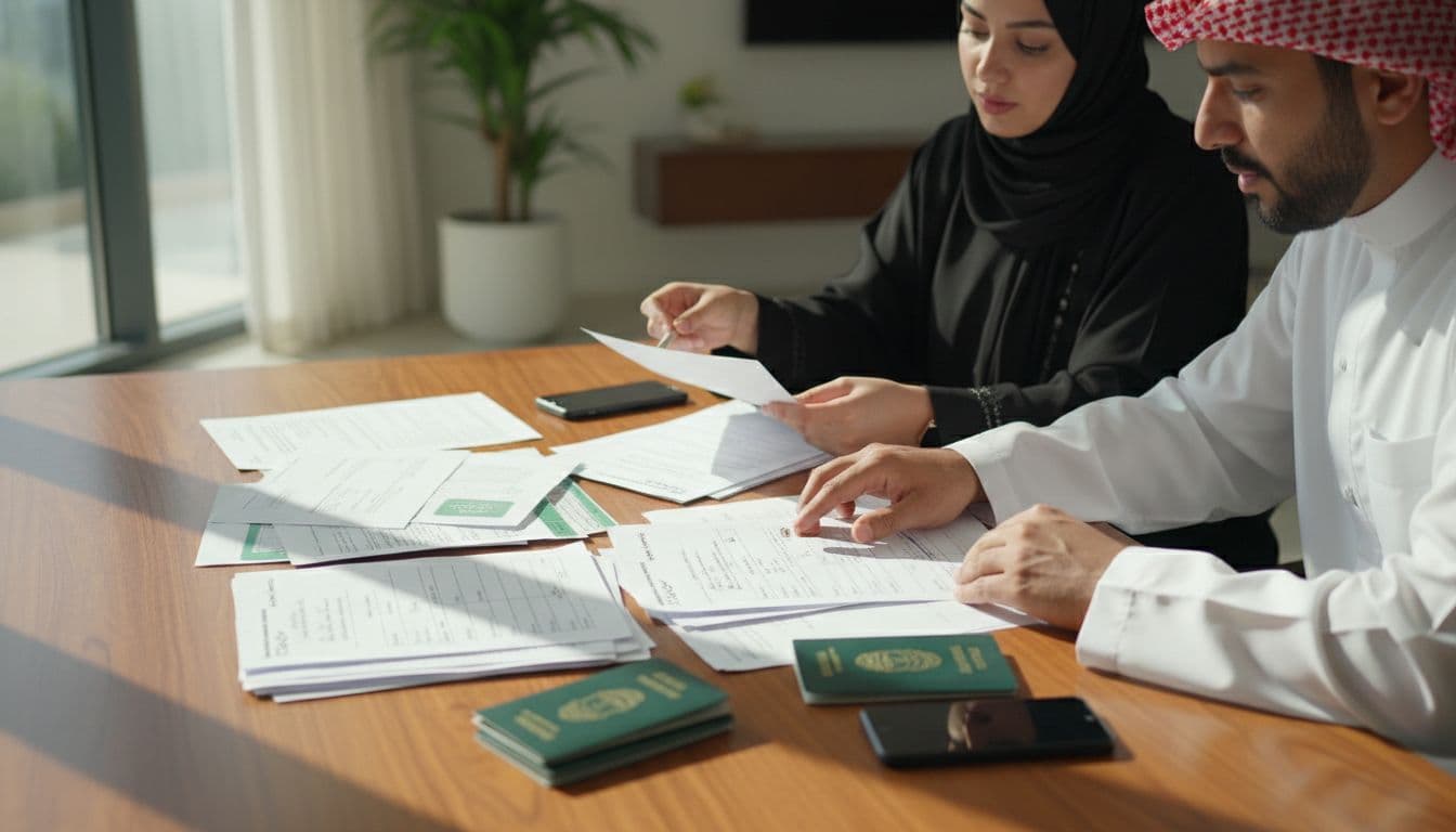 A Saudi family in a modern home gathers documents for passport issuance on a table featuring passports and phones, with focus on the documents without text, realistic style, natural lighting, and only two people present.