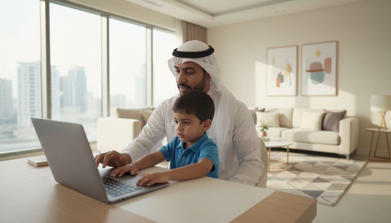 A Saudi Arabian father and young son at a home desk in a modern Riyadh apartment, using a laptop for the Absher platform to complete an online ID application. Father gently guides the child with relaxed hands on the keyboard, warm natural daylight lighting, realistic photo.