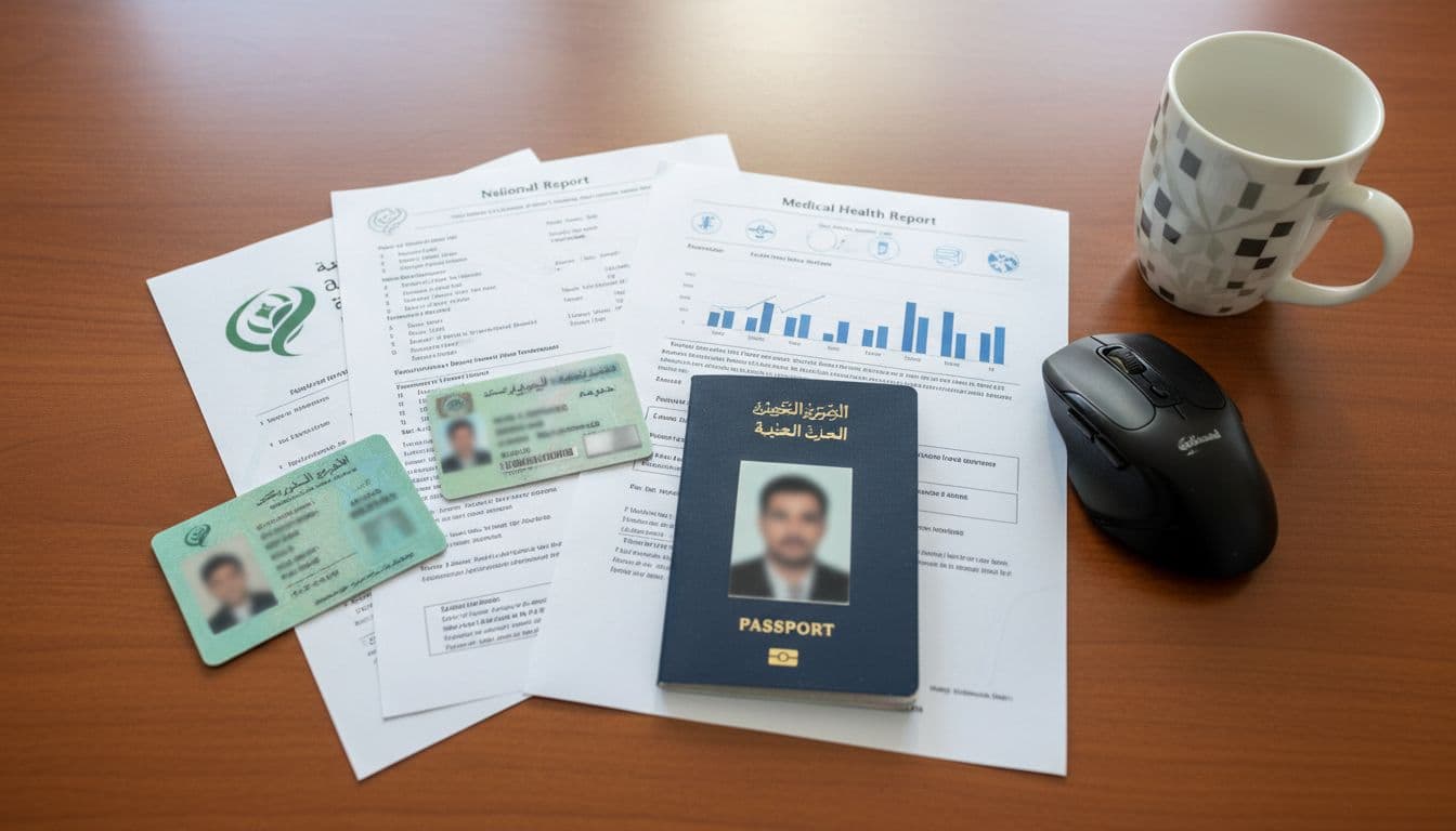 Top-down view of Hajj permit application documents spread on a wooden desk, including Saudi ID card, residency permit, passport, health report, and printed photo, next to computer mouse and coffee mug in a well-lit office setting.