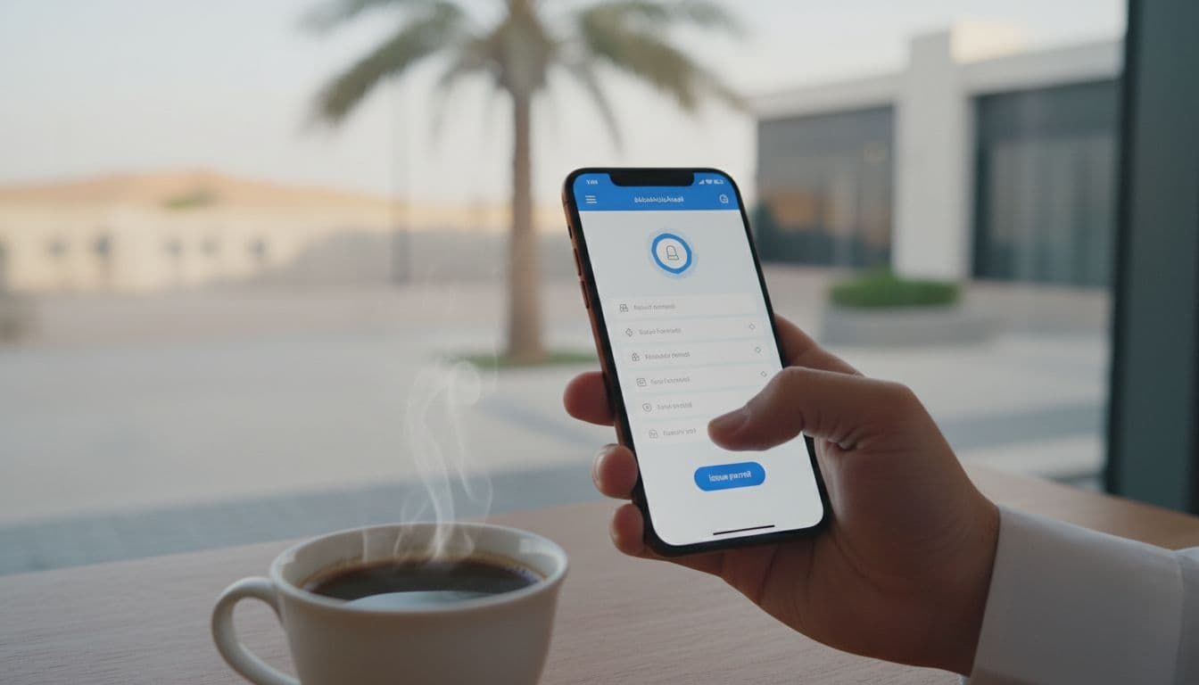 A Saudi adult hand holds a smartphone displaying the Absher app interface at an angle on a desk with a coffee cup, in a Saudi setting with a palm tree background, realistic photo with natural lighting.