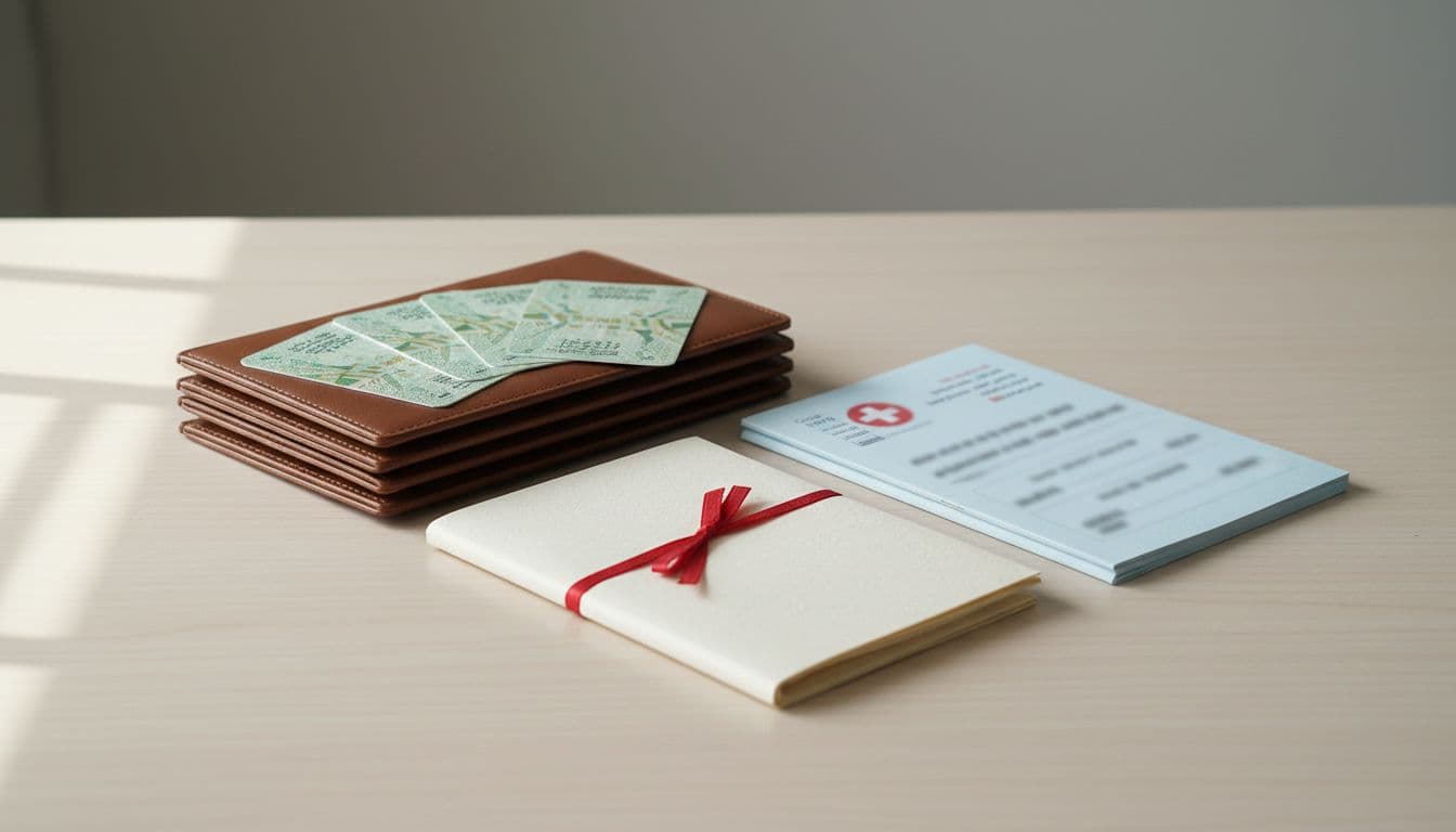 Neatly arranged stack of official Saudi residency documents including passport, Iqama card, work contract, and medical report on a wooden desk, top view, photorealistic style with natural soft lighting and clean composition.