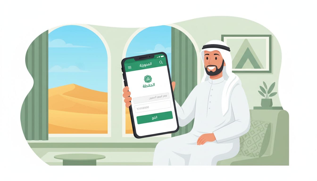 رجل سعودي يستخدم جواله لتسجيل حساب أبشر أفراد لأول مرة في منزل عصري بألوان خضراء وبيضاء