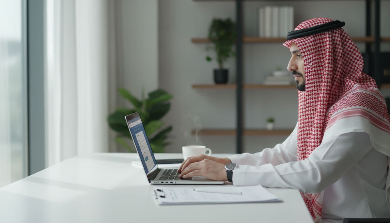 A Saudi person in traditional thobe sits in a modern office, using a laptop to fill a trademark registration form on the SAIP website, with a coffee cup nearby and soft natural lighting focusing on relaxed hands.