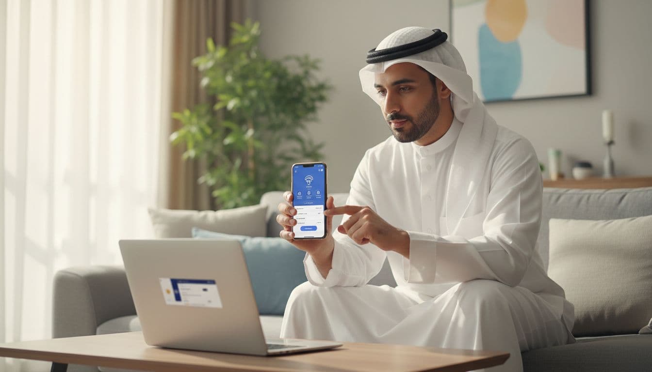 Saudi Arabian man in white thobe using smartphone app for Hajj registration, sitting in modern living room with laptop showing blurred Nusuk platform in background, focused expression, warm lighting.