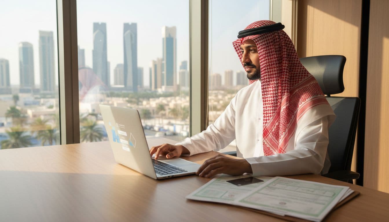 A Saudi Arabian man in traditional thobe sits at a modern office desk with laptop open to an implied Najiz government portal for real estate transfer, deed papers and ID nearby, cityscape view through window, realistic photo in warm daylight.