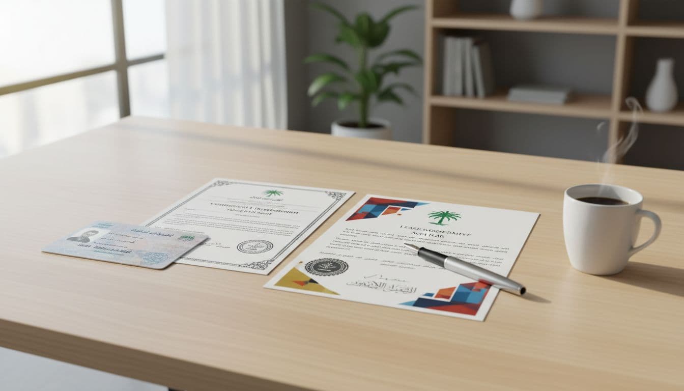 A clean wooden office desk featuring neatly arranged Saudi official documents such as commercial register, lease contract, ID card, and license paper, with a pen and coffee cup, in a modern office with bright natural lighting.