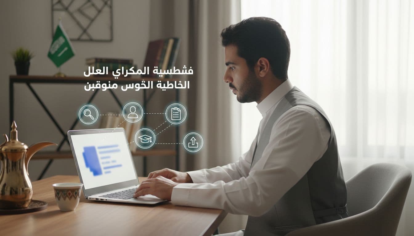 A young Saudi professional in a home office with cultural elements like coffee cup and flag uses a laptop to register on the Taqat platform for the Tamheer program, featuring subtle step-by-step icons, bright daylight, photorealistic style.