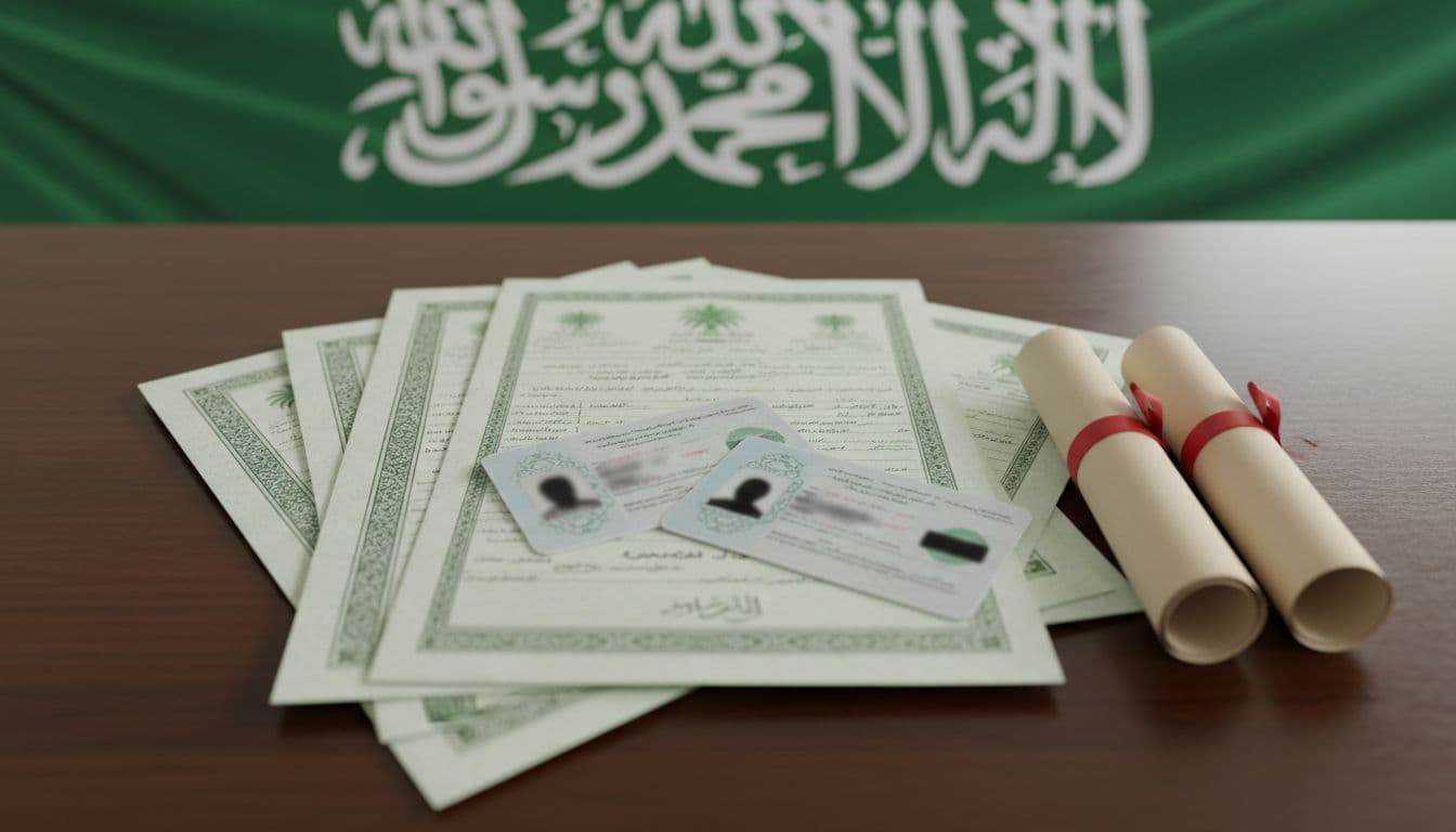 Clean stack of official Saudi real estate documents including property deeds, identification cards, and contracts neatly arranged on a wooden office table with a softly blurred Saudi flag in the background, professional overhead photography.