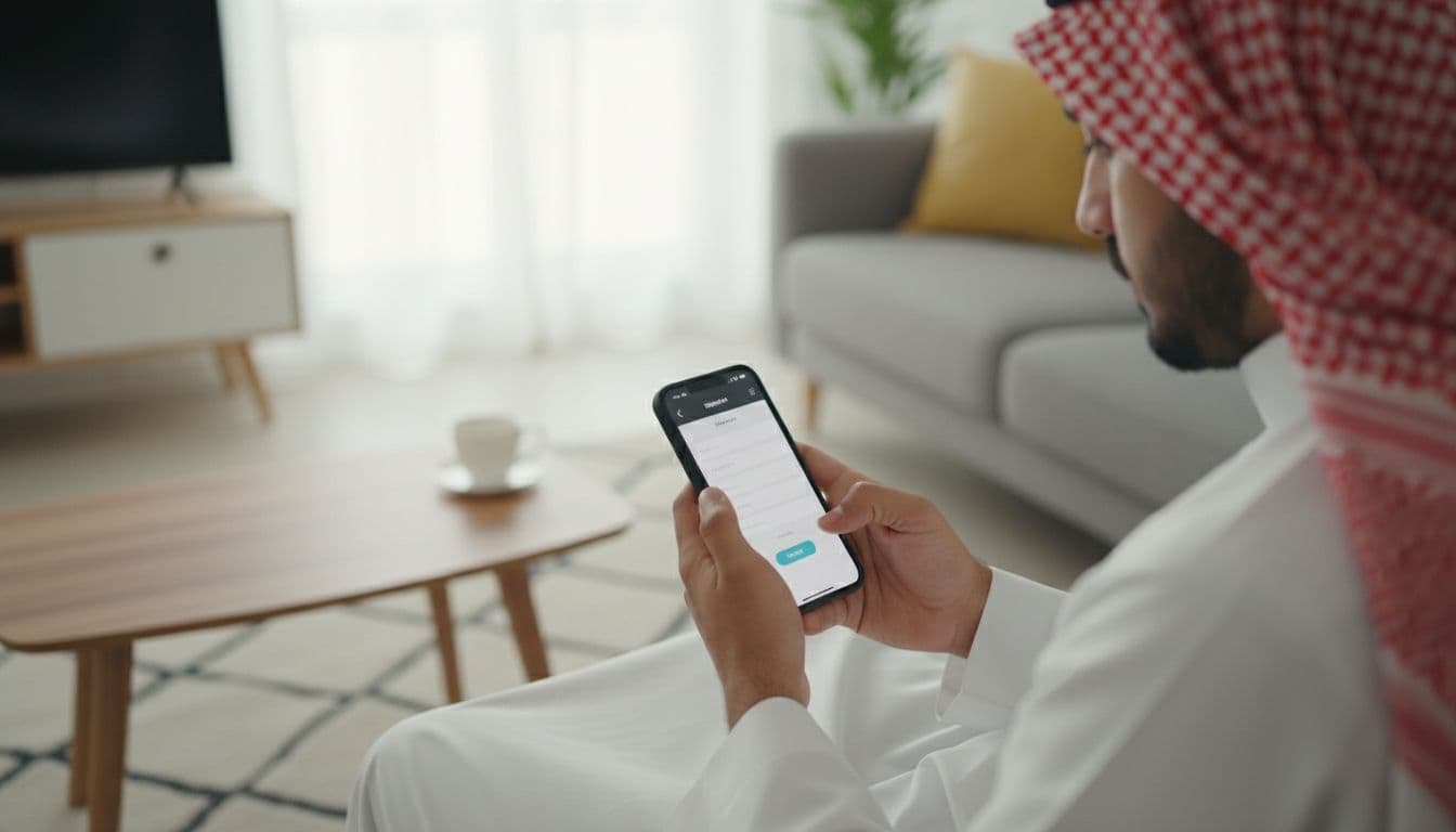A Saudi person sits in a simple home room with soft natural light, focusing on a smartphone screen tilted slightly during registration in the Citizen Account app, realistic modern style without text, logos, or watermarks.