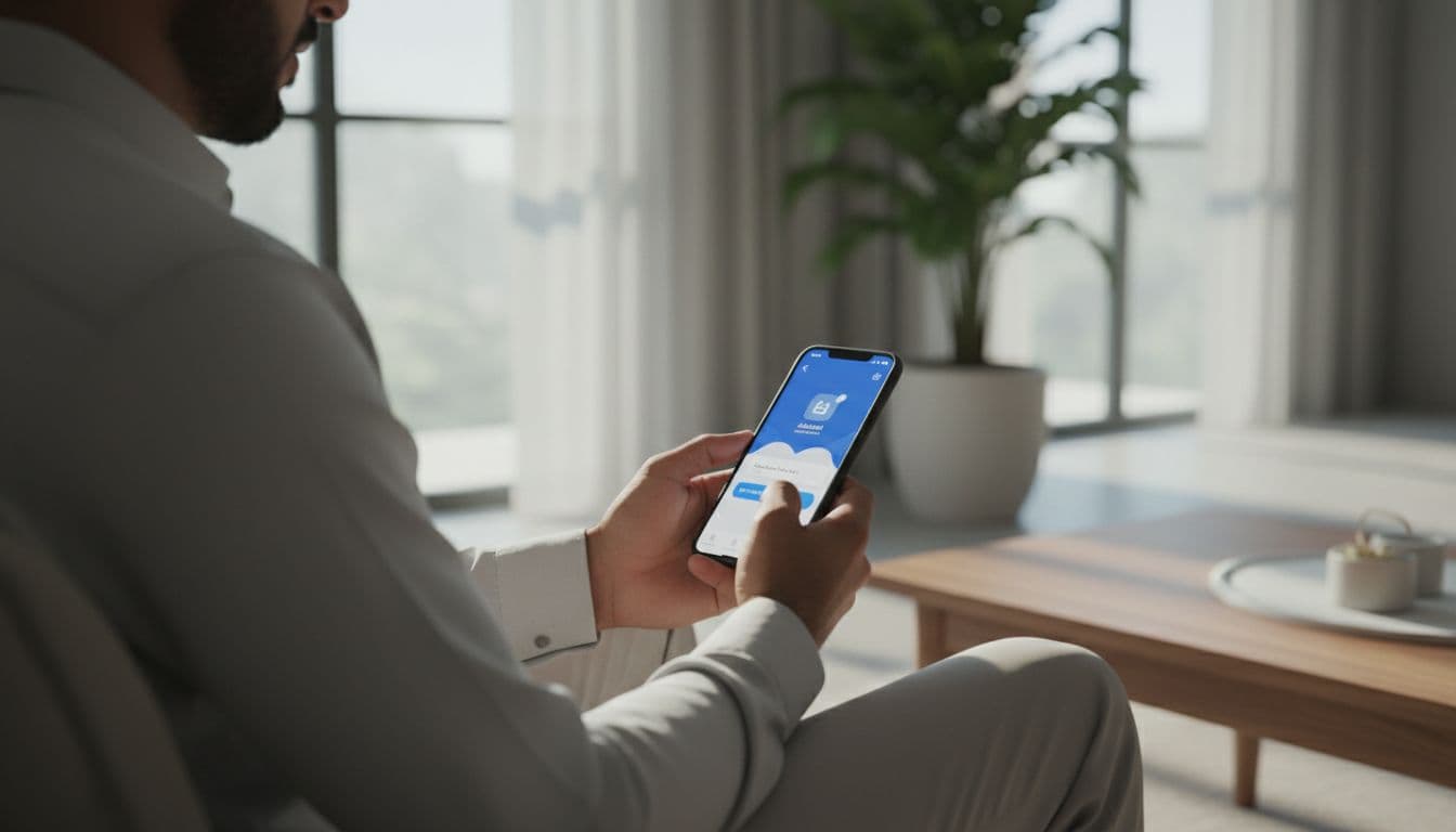 A Saudi person uses a smartphone to access the Absher app for renewing their national ID in a modern home room, focusing on the phone with soft natural lighting in a realistic style.