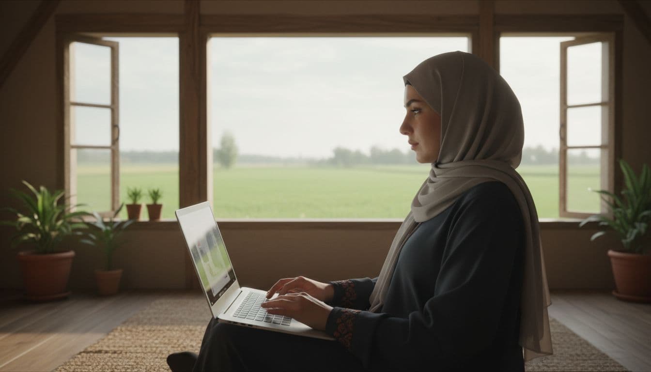 A Saudi woman in hijab works relaxed on a laptop in a simple rural home room with windows overlooking fields, soft morning natural light, realistic style.