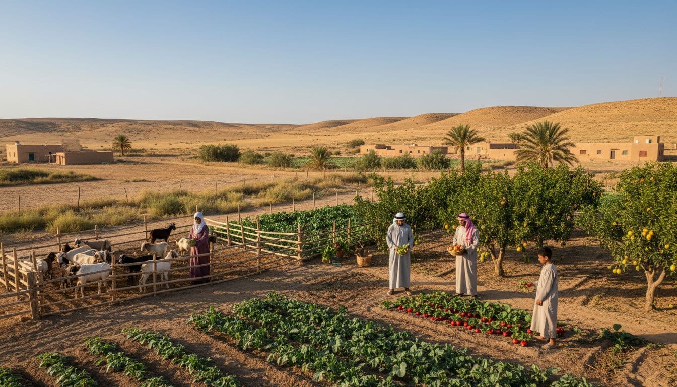 A Saudi rural family of two adults and two young children works productively on a small farm, raising livestock and cultivating fruits and vegetables on a sunny day with wide views of the Saudi countryside, realistic style with warm natural lighting.