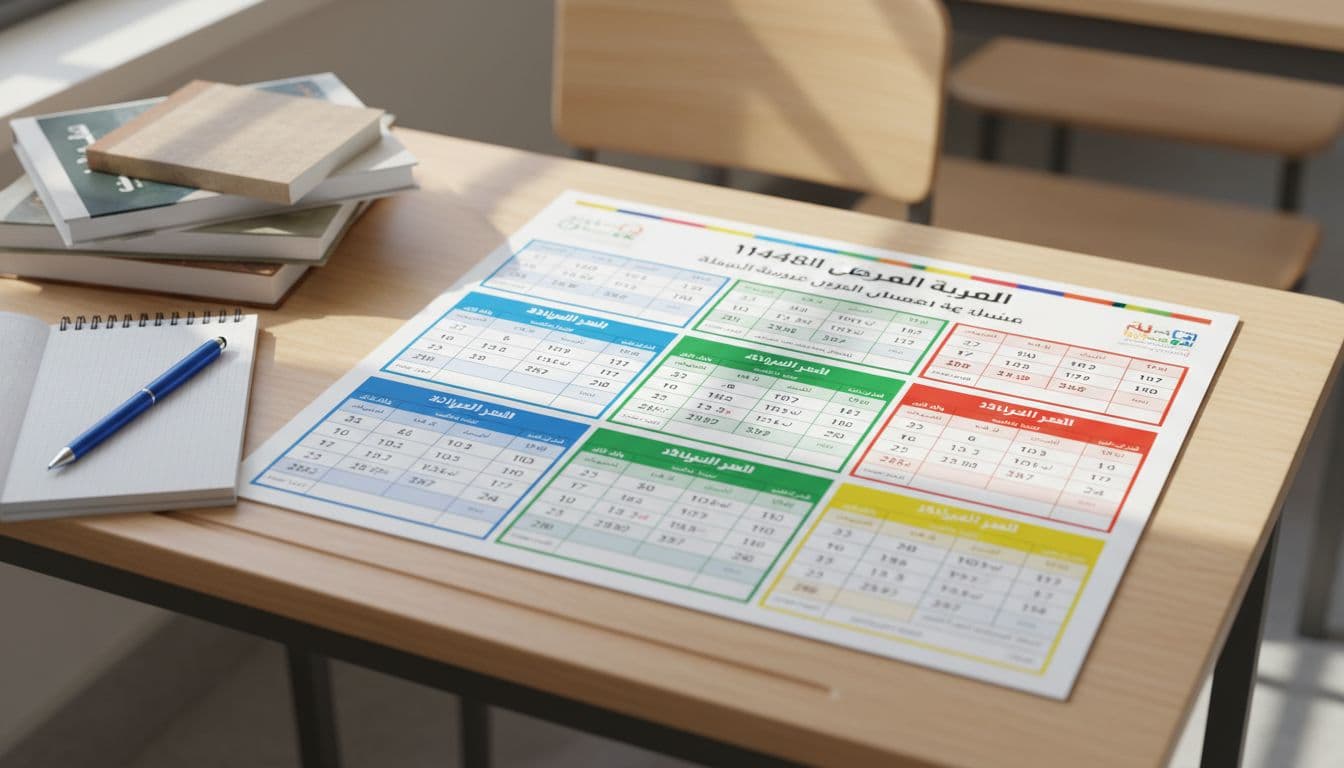 A colorful Saudi academic calendar for the year 1448 displaying Hijri and Gregorian dates on a school desk with books and a pen, under bright natural lighting in a clean realistic style.