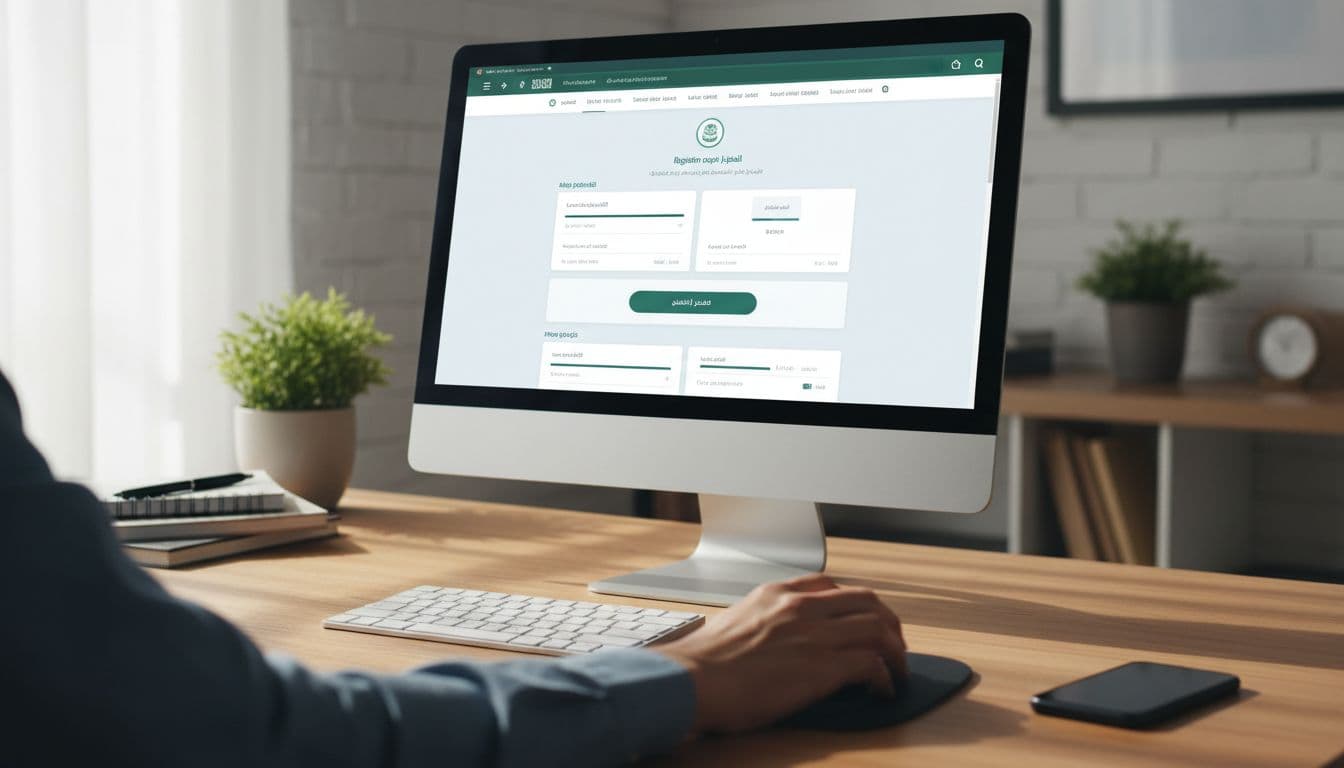 Computer screen displaying Saudi government electronic platform for SOND social support program registration, with a hand holding a mouse in a clean home office under soft natural lighting, modern realistic style, no visible text.
