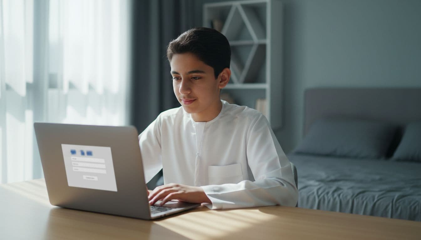 Young Saudi male student aged 15-18 sits focused at wooden desk in modern bedroom with laptop displaying blurred Noor system login screen, hands relaxed on keyboard, natural daylight, realistic high-detail photography.