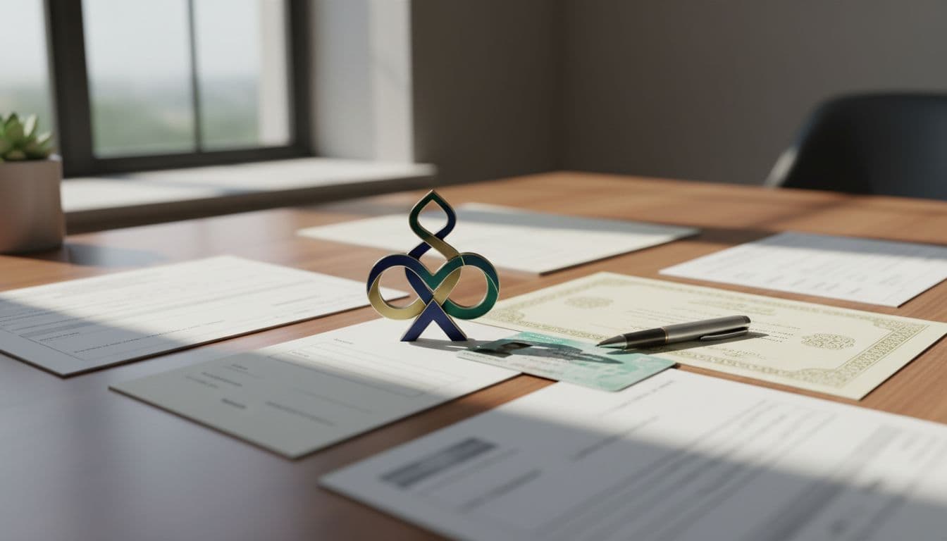 Trademark registration documents arranged on a wooden desk, featuring an abstract logo printout, certified paper, Saudi ID card, and pen, with natural window lighting and realistic high-detail style, no text, no people.