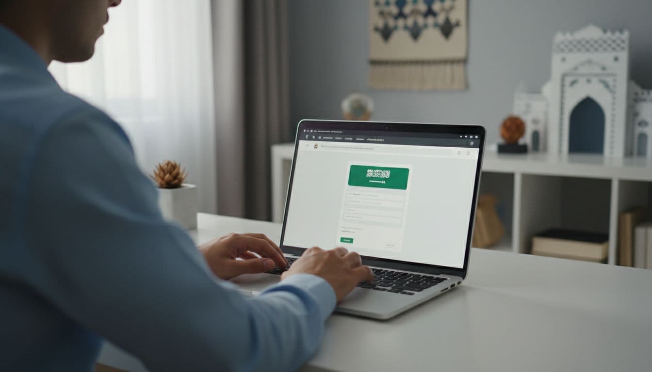One person sitting in front of an open laptop showing the Saudi electronic visas platform in a clean home office in Riyadh, focus on screen and resting hands, soft natural lighting, modern realistic style, simple Saudi background.
