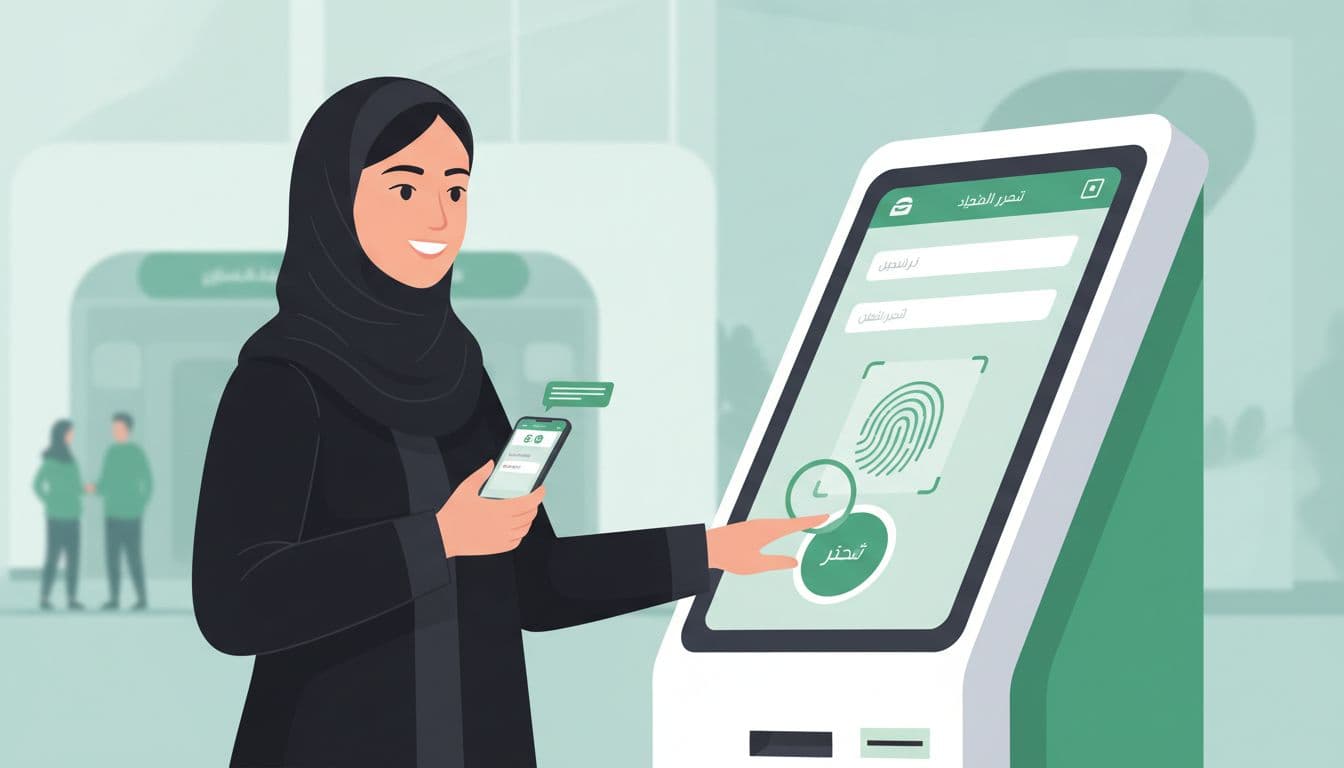 امرأة سعودية تستخدم جهاز خدمة ذاتية لتفعيل حساب أبشر أفراد في مركز خدمة عام