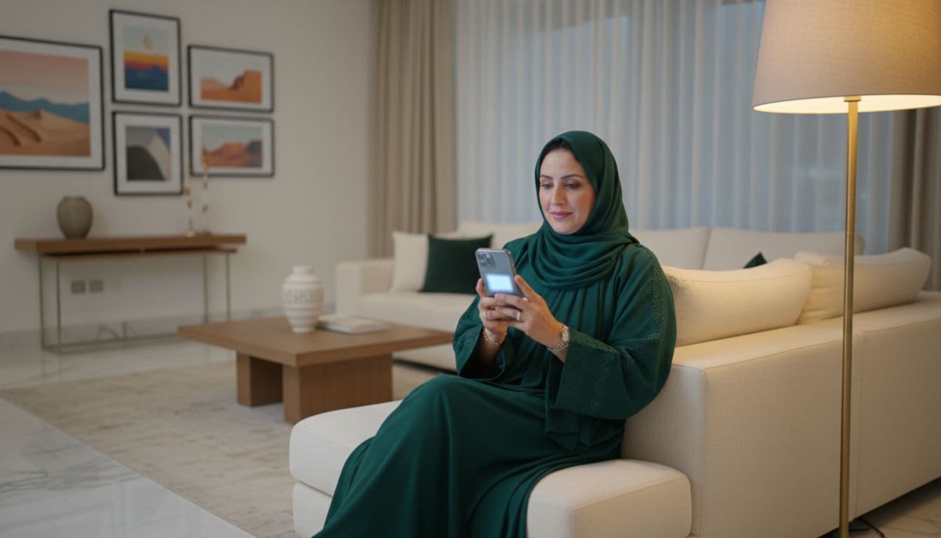 Middle-aged Saudi woman sitting comfortably on living room sofa, holding smartphone with blurred Noor app screen to check student results, in warm evening lamp light of modern Saudi home interior, realistic photo.