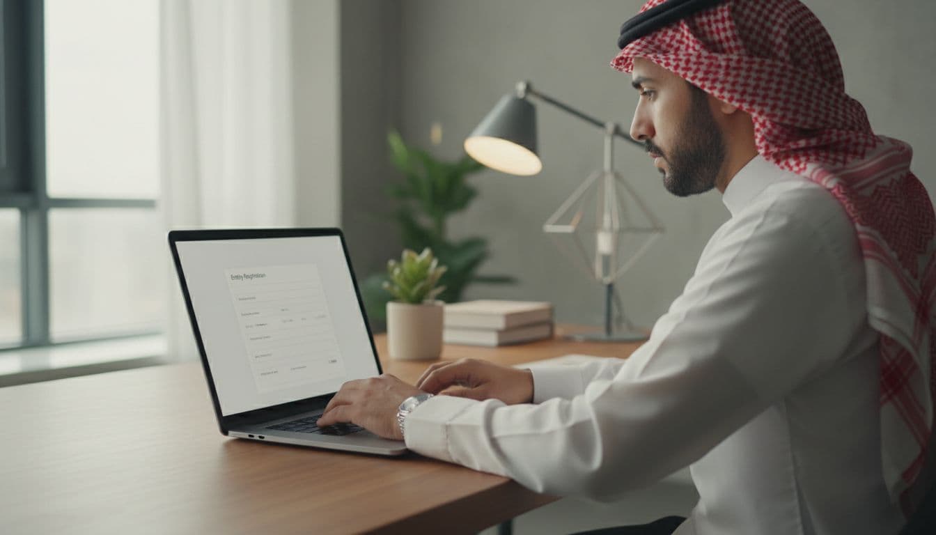 A single Saudi person in a modern Saudi office sits at a laptop working on the Qiwa platform, screen showing an establishment registration form, soft natural lighting, realistic focus on the device with hands relaxed on keyboard.