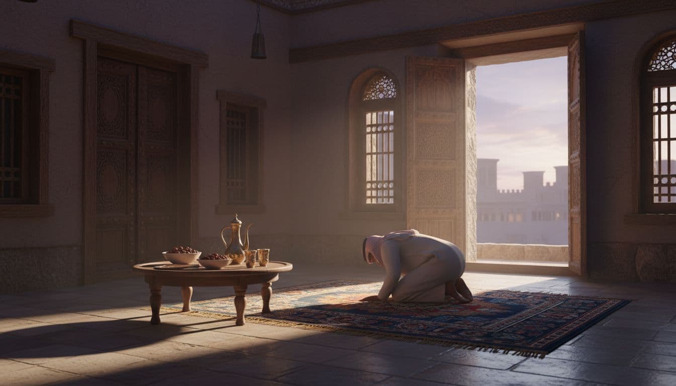 A calm scene of Ramadan dawn in a traditional Saudi house, with one person kneeling in prayer on a rug near an iftar table set with dates and water, illuminated by warm natural light.