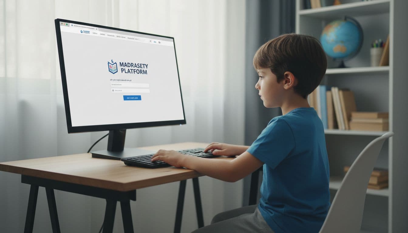 A young student sits in a simple home study room with soft natural lighting, comfortably typing login credentials on a computer screen open to the Madsati educational platform website.