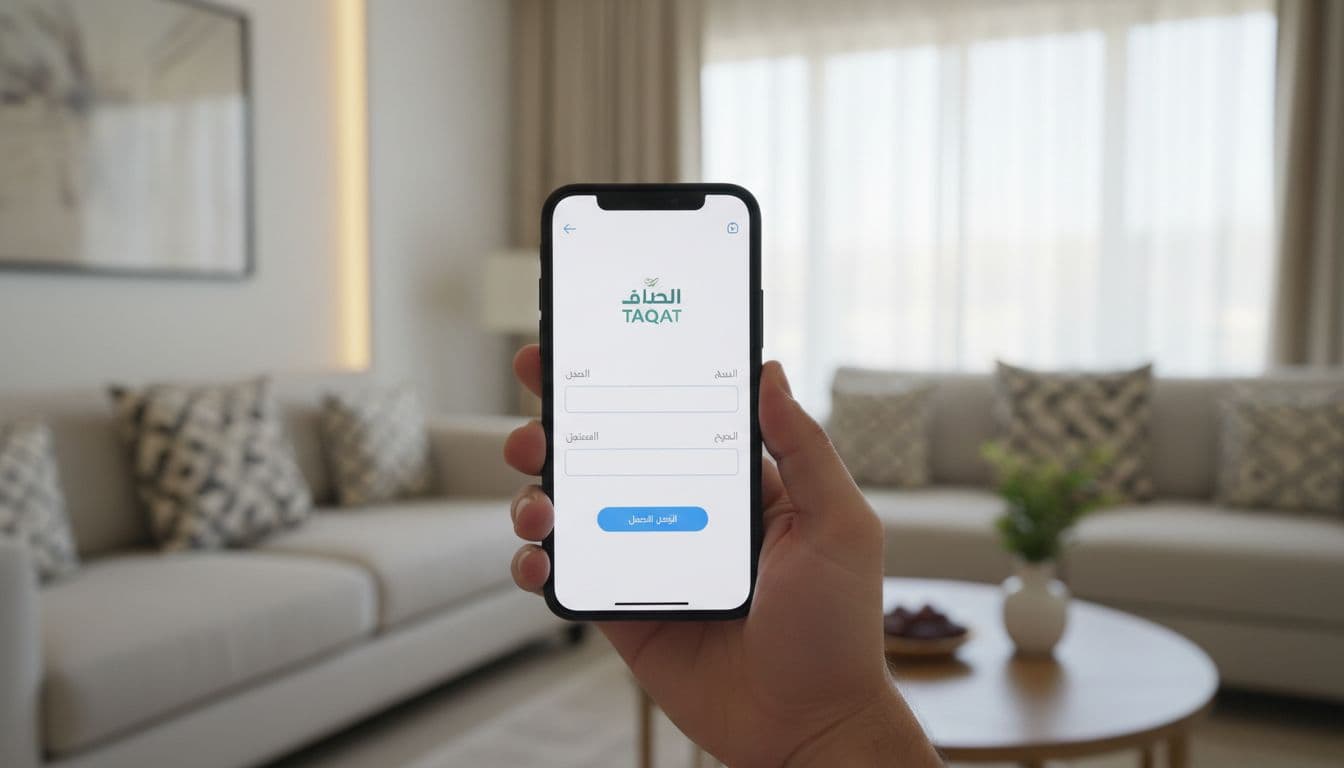 شاشة هاتف ذكي تعرض واجهة منصة طاقات السعودية أثناء تسجيل في برنامج حافز، يد تمسك الهاتف مع نموذج تسجيل بسيط في غرفة منزل سعودي حديثة.