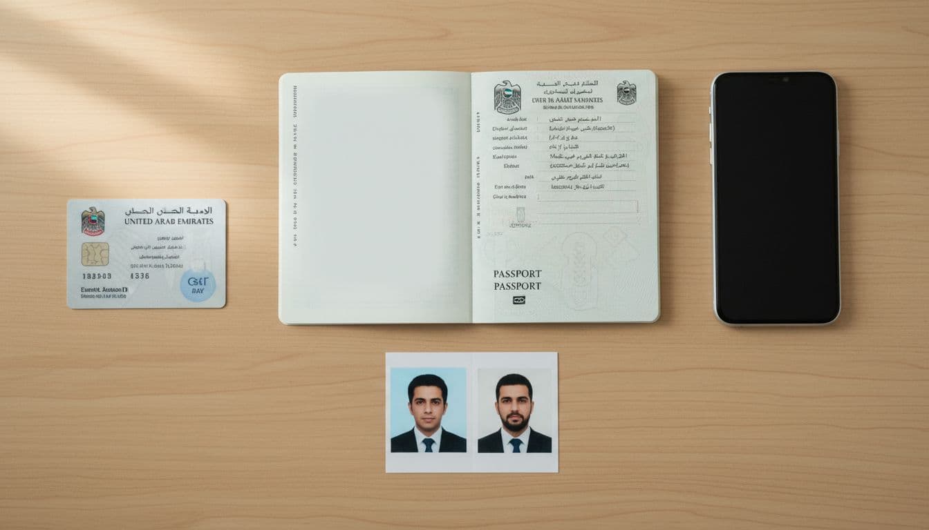 Clean wooden office desk with open passport, UAE residence card, two passport-sized personal photos, and smartphone arranged neatly, soft natural lighting, realistic photographic style, no text, no extra items, no people.