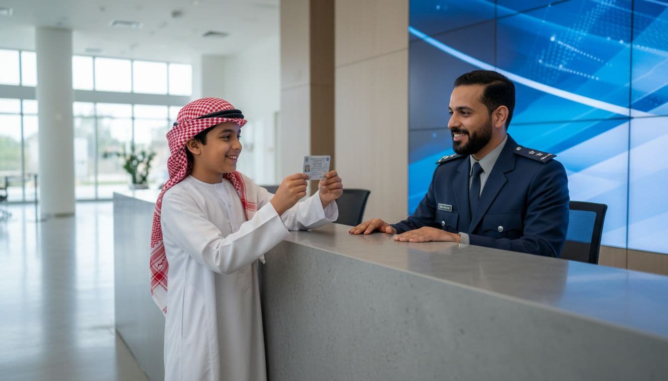 A 12-year-old Saudi boy stands smiling at a Civil Affairs office counter in Saudi Arabia, receiving his new national ID card from a uniformed government employee in a modern, clean building interior with bright lighting.