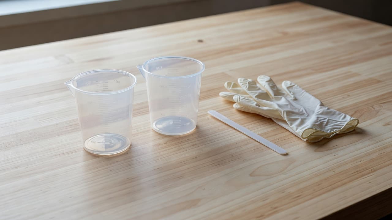 Clear measuring cups filled with resin and hardener sit on a smooth wooden workbench. Beside them, a plastic stirring stick and blue latex gloves wait for the user to start mixing.
