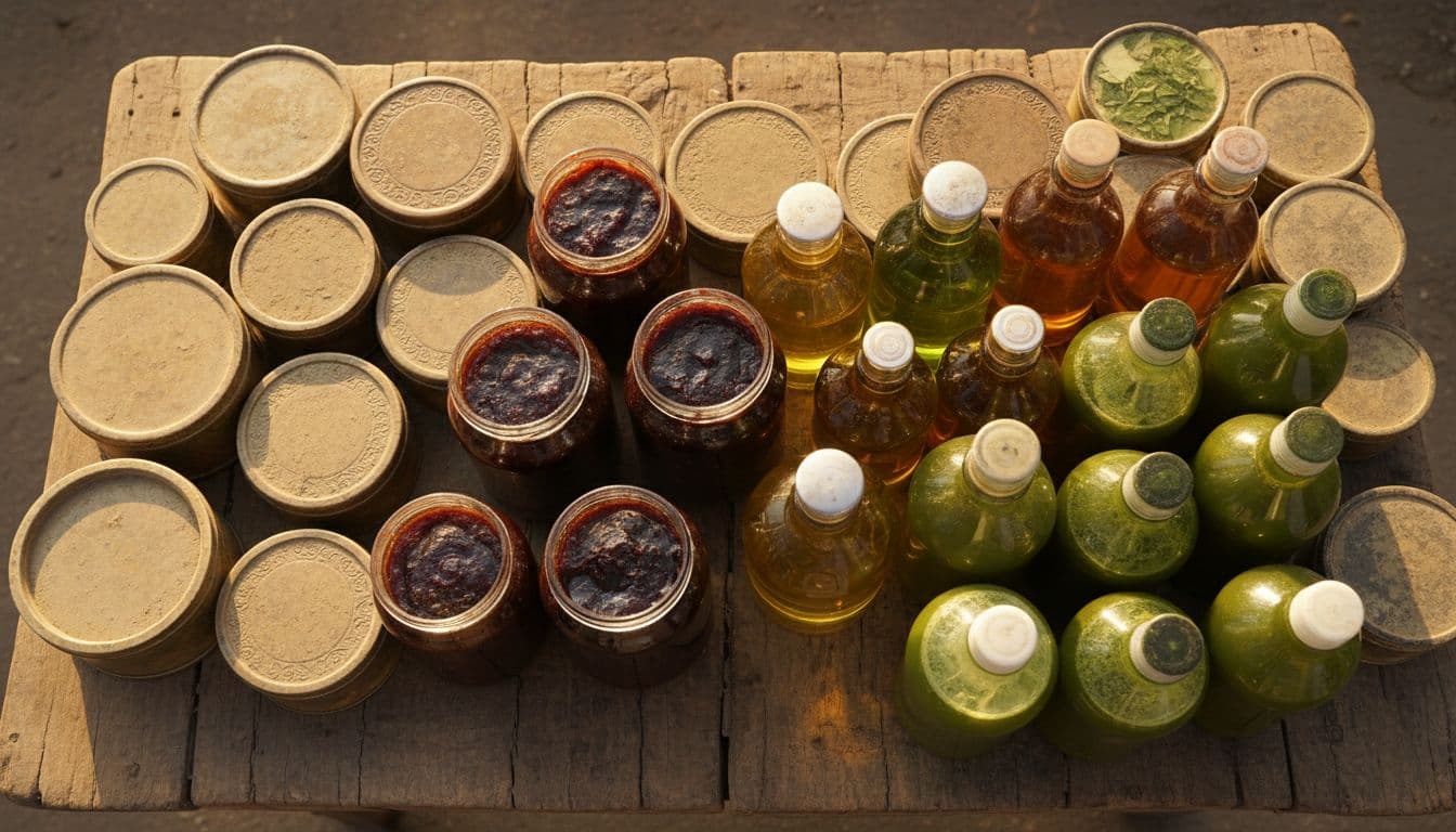 A variety of ayurvedic products neatly arranged on a rustic wooden table in a Lucknow-inspired Indian market stall, featuring chyawanprash jars, herbal hair oils, powders, and green juices in photorealistic top-down view.