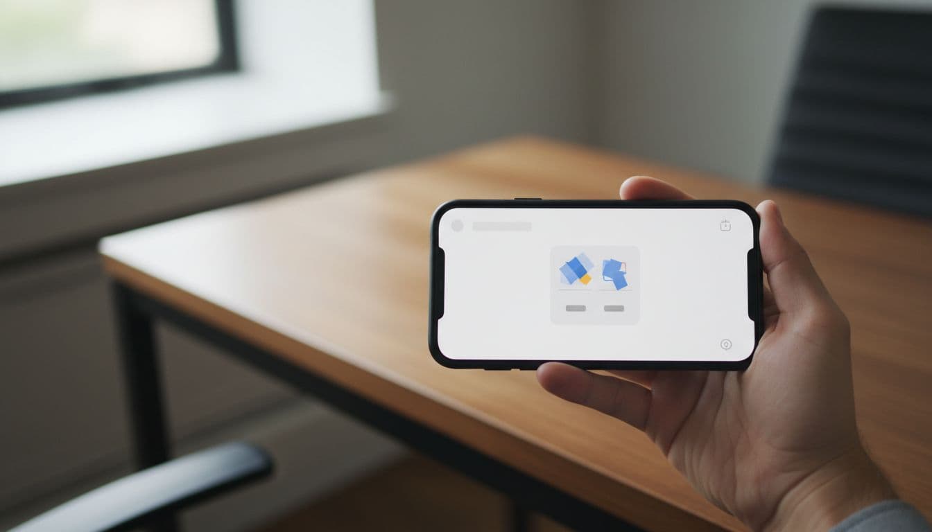 A single hand holds a smartphone displaying an unreadable Instagram story poll screen, with a simple office background and natural lighting in a realistic photographic style.