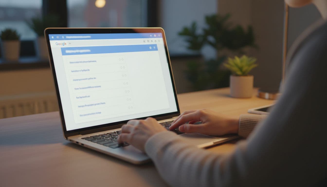 A single person sits at a simple desk in front of a laptop, working on a Google Forms survey with simple unreadable question fields on screen. Realistic style with warm lighting in landscape orientation.