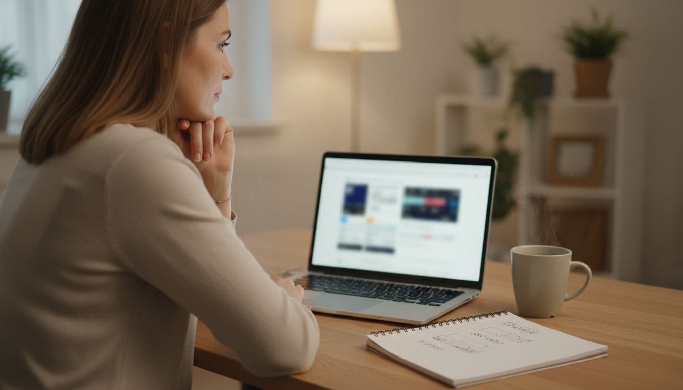 A UK consumer sits at a home desk in a thoughtful pose with chin on hand, reviewing blurred IPTV service details on a laptop screen. A notepad with unreadable pros and cons notes and a coffee mug sit nearby under warm indoor lighting.
