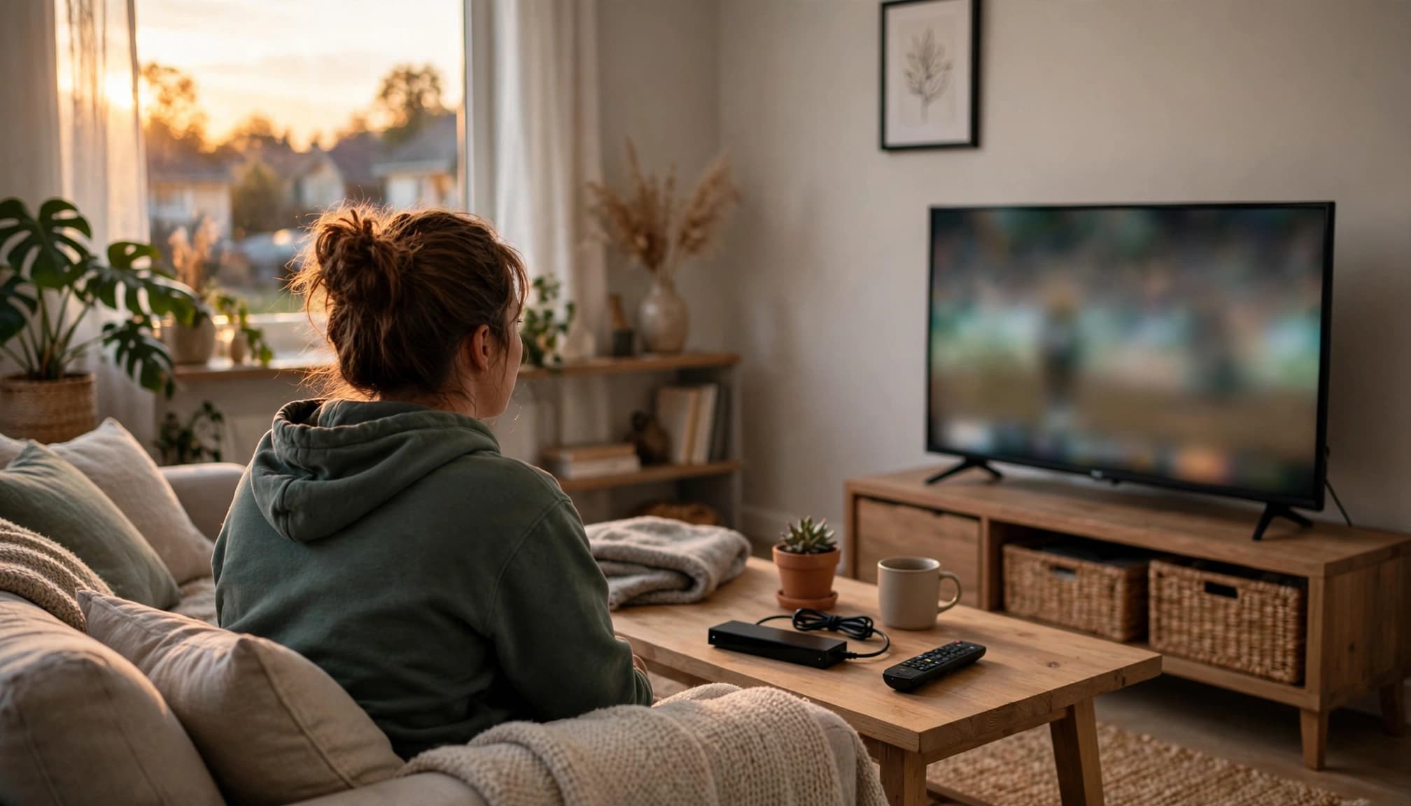 A viewer watches sports on television with a remote and streaming stick on the coffee table.